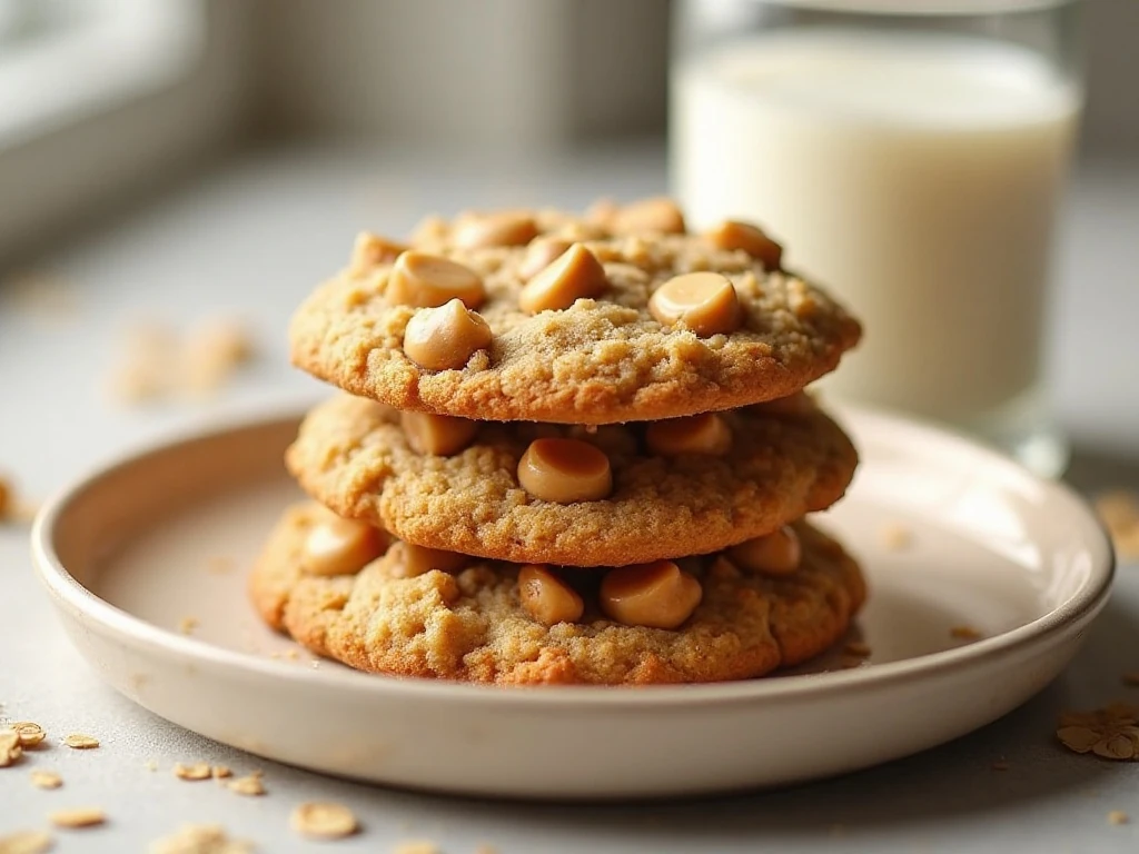 Stack of sweet and chewy butterscotch oatmeal cookies with a glass of milk