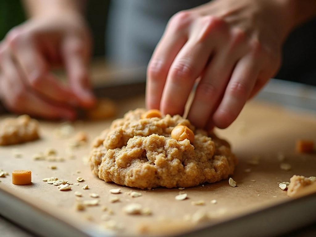 Portioning butterscotch oatmeal cookie dough onto a baking sheet