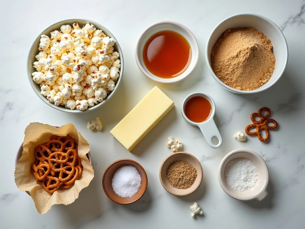 Ingredients for sweet and salty caramel popcorn balls arranged for cooking
