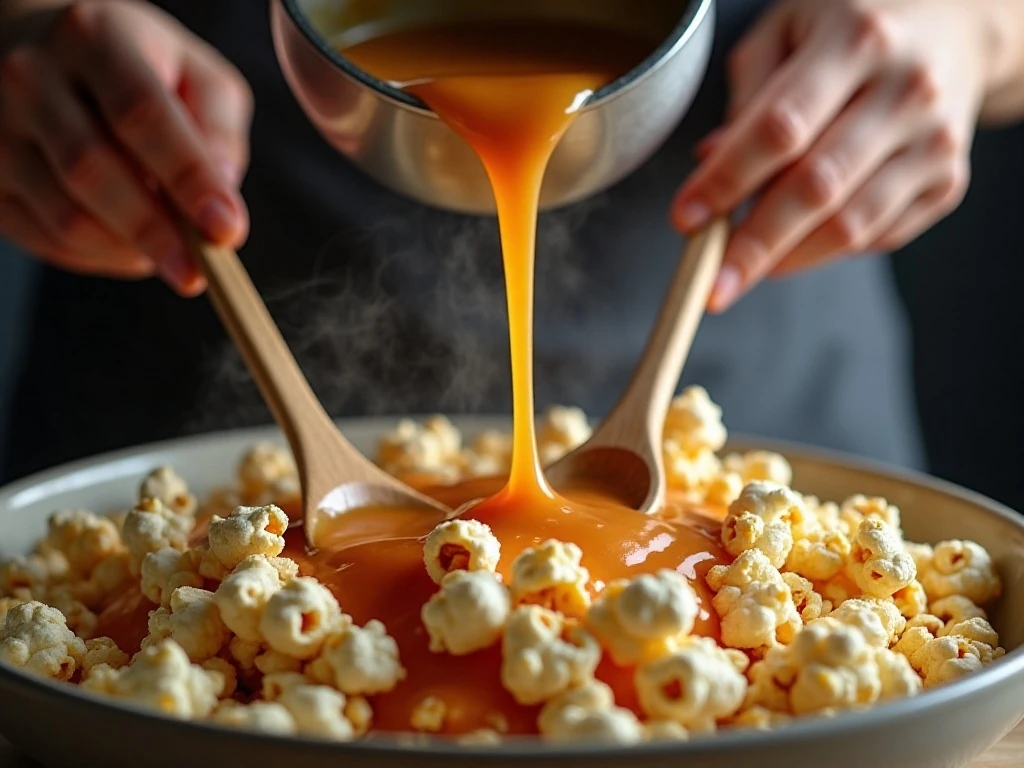 Pouring warm caramel over popcorn and peanuts for popcorn balls