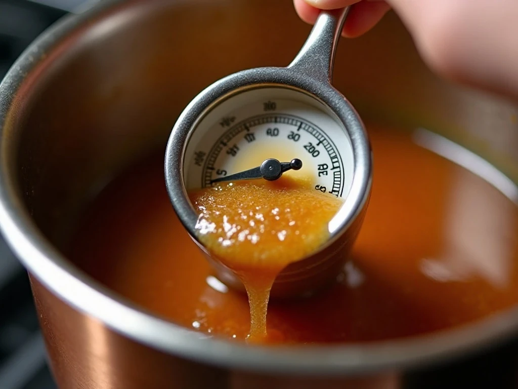 Candy thermometer checking caramel at the firm-ball stage