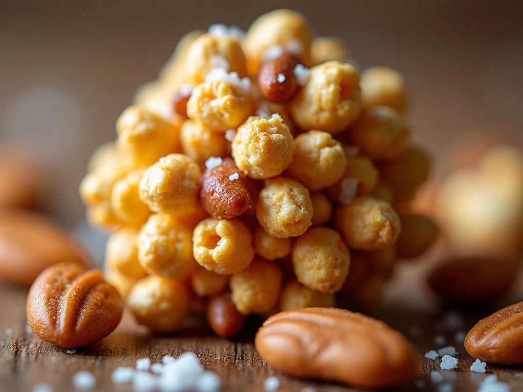 Caramel popcorn ball with peanuts pretzels and flaky sea salt