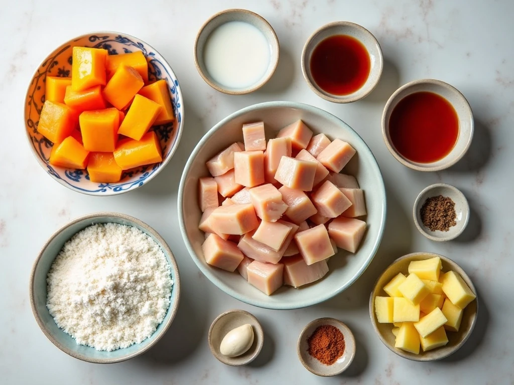 Ingredients for easy sweet and sour chicken arranged for cooking