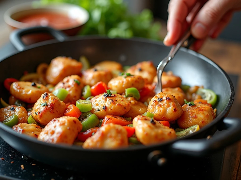 Chicken and vegetables cooking in a skillet for sweet and sour chicken
