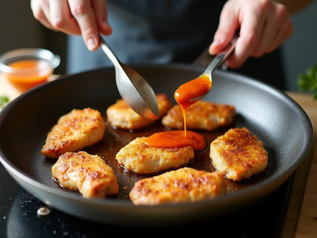 Chicken browning in batches before sweet and sour sauce is added