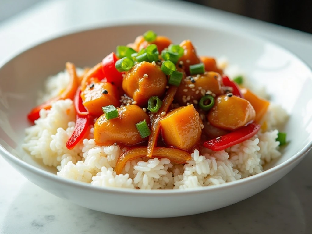 Sweet and sour chicken served over steamed rice with pineapple and vegetables