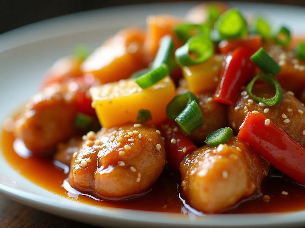 Close-up of reheated sweet and sour chicken with green onion garnish