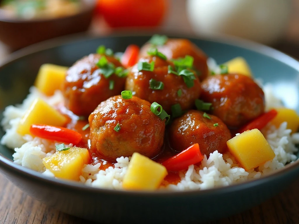 Sweet and sour meatballs served over rice with pineapple and bell pepper