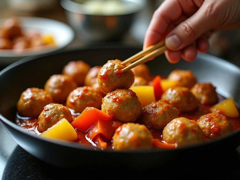 Meatballs simmering in sweet and sour pineapple sauce