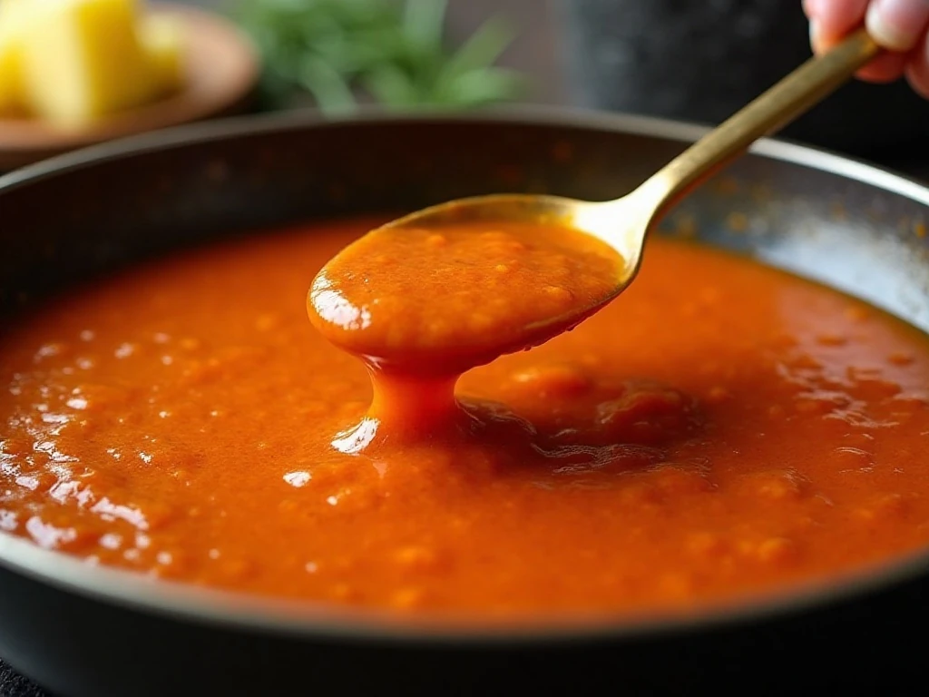 Glossy homemade sweet and sour sauce thickening in a skillet
