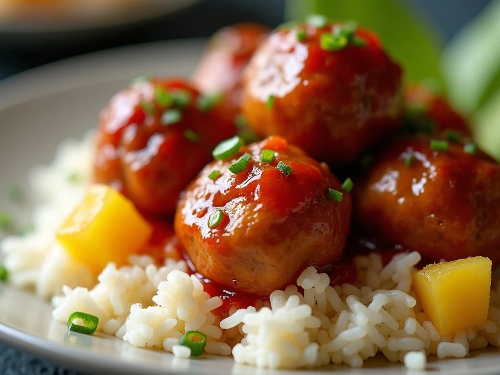 Close-up of sweet and sour meatballs with pineapple and rice
