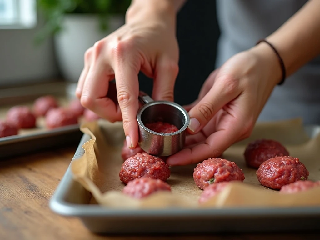 Shaping small homemade beef meatballs before baking