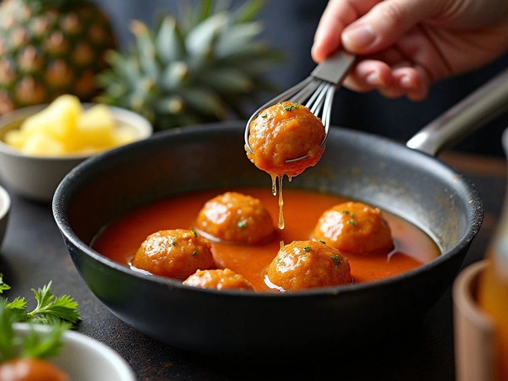 Glossy sweet and sour sauce simmering for mini meatballs
