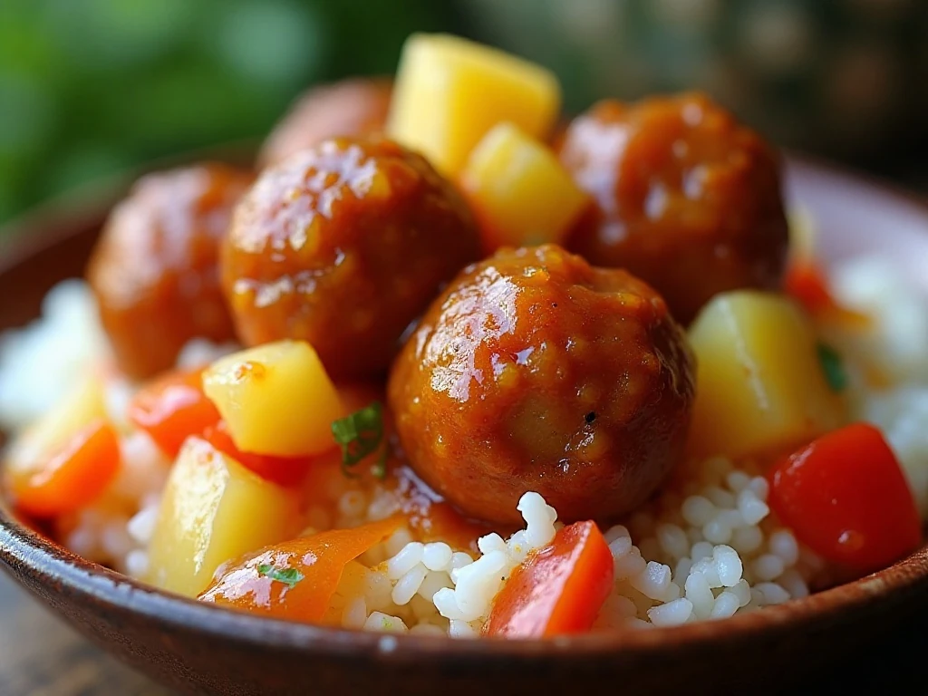 Sweet and sour mini meatballs over rice with pineapple