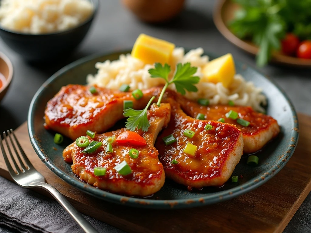 Sweet and sour pork chops with vegetables and rice
