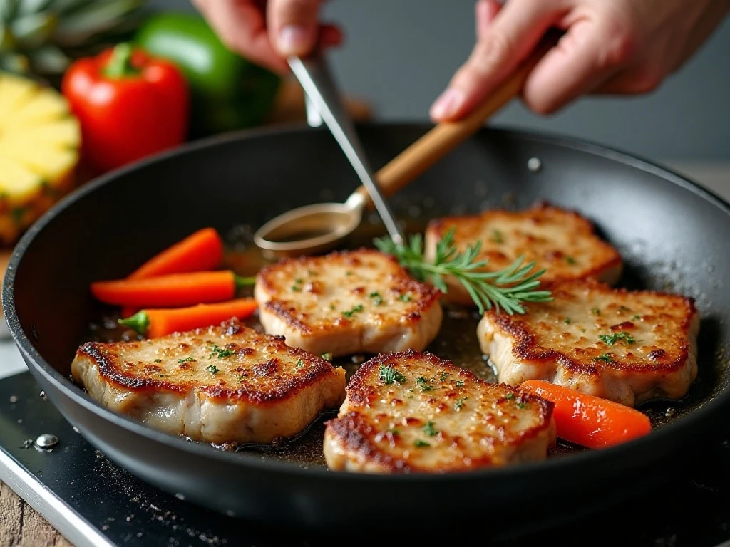 Pork chops browning in a skillet for sweet and sour pork