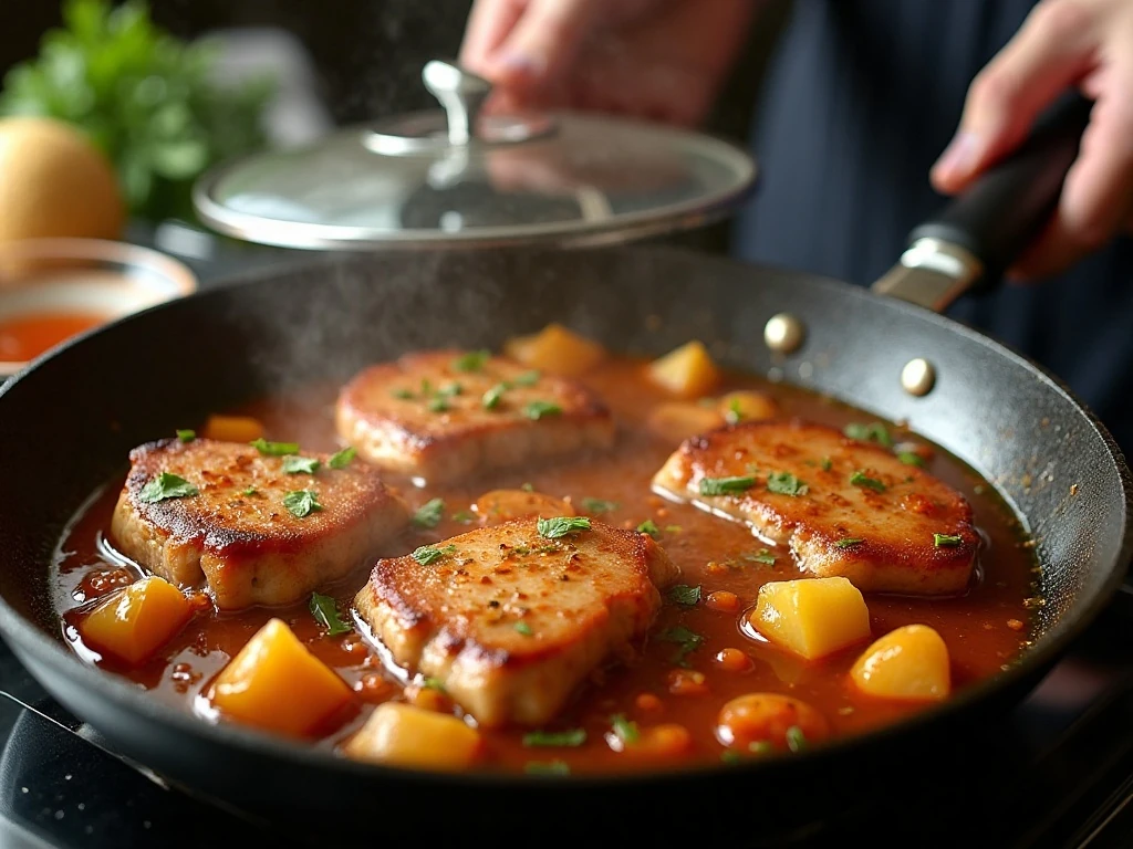 Pork chops simmering with pineapple and vegetables
