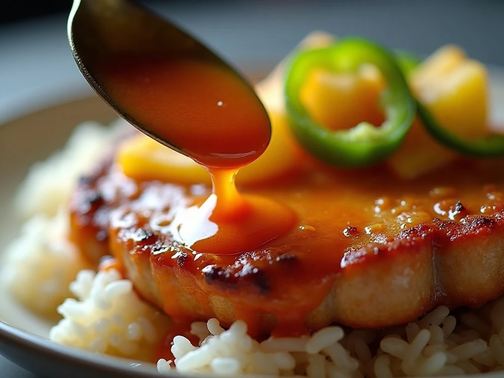 Close-up of sweet and sour pork chop served with rice