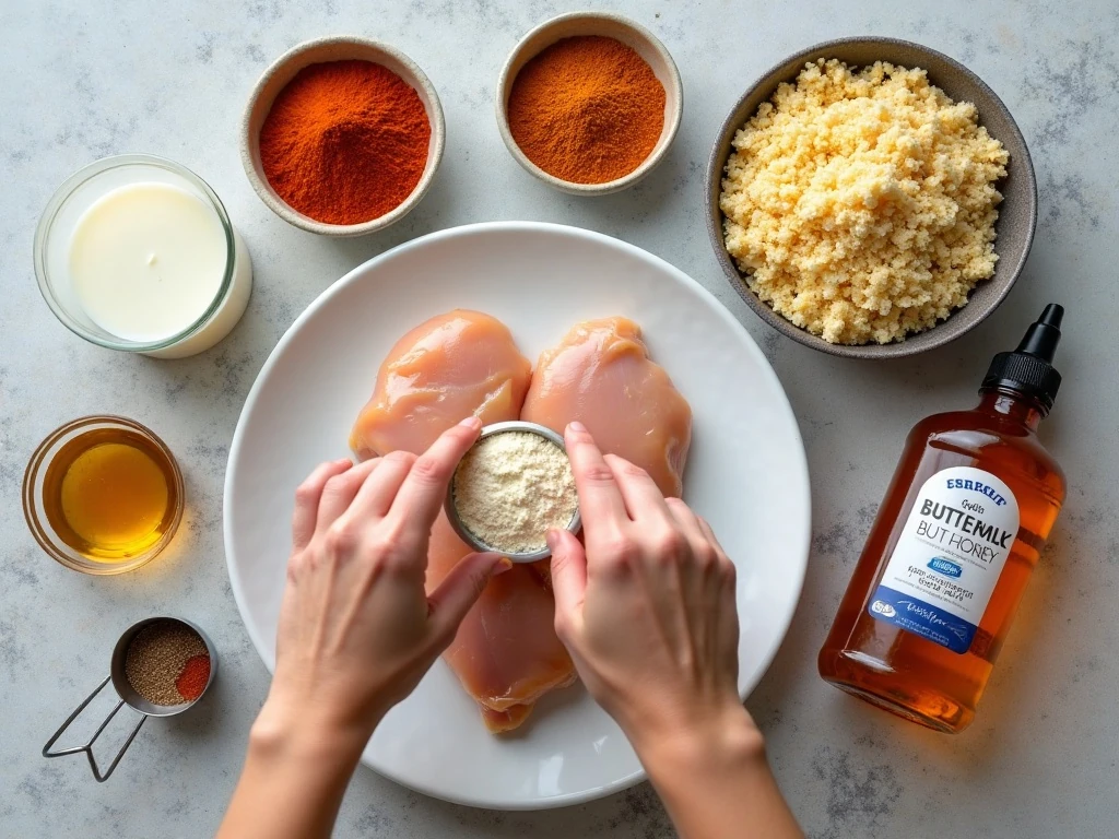 Ingredients for sweet and spicy buttermilk breaded chicken arranged for cooking