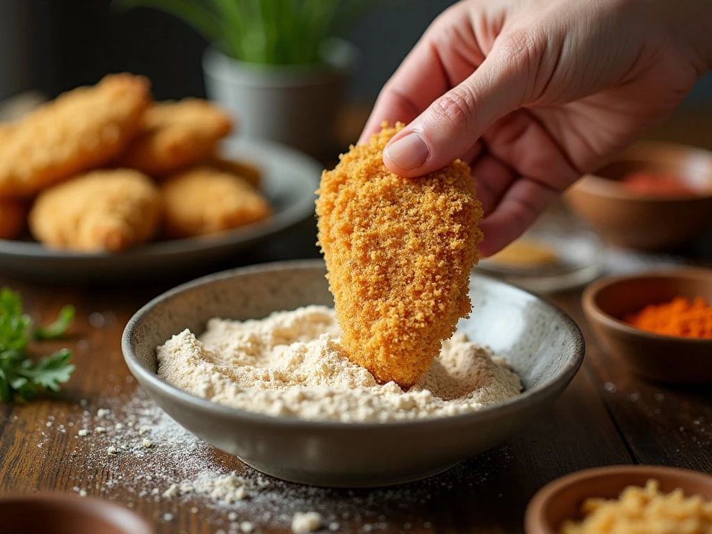 Chicken being coated in seasoned flour and panko breading