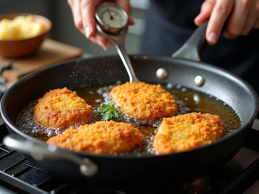 Breaded chicken frying at the correct oil temperature