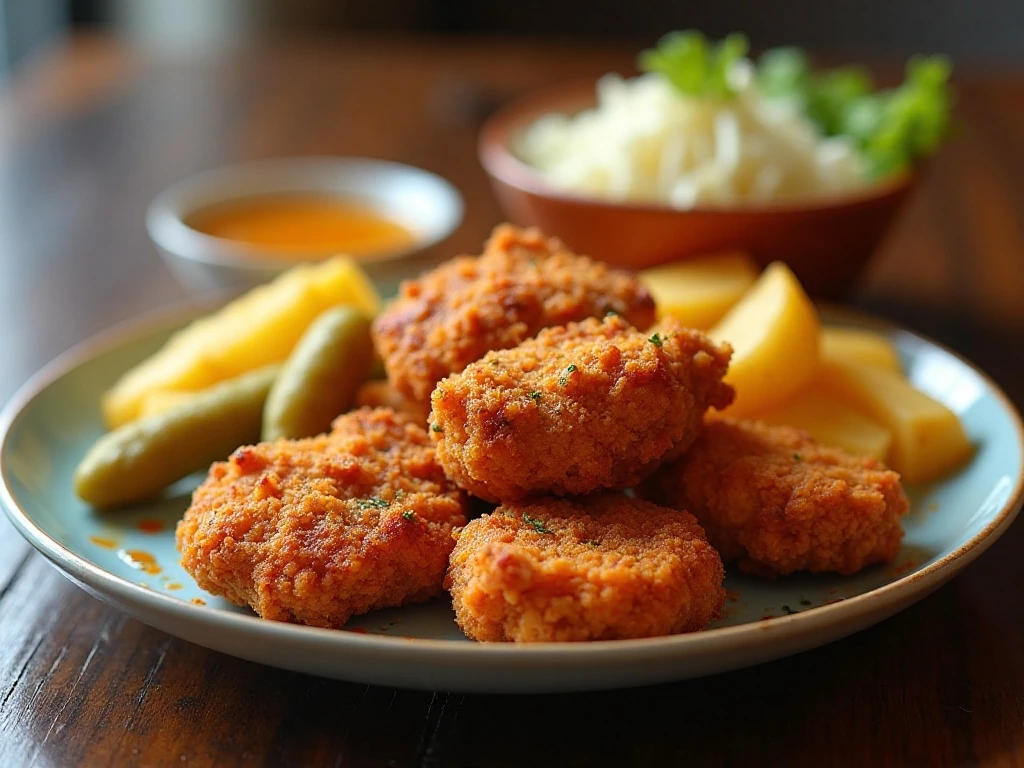Crispy sweet and spicy buttermilk chicken served with coleslaw and potato wedges