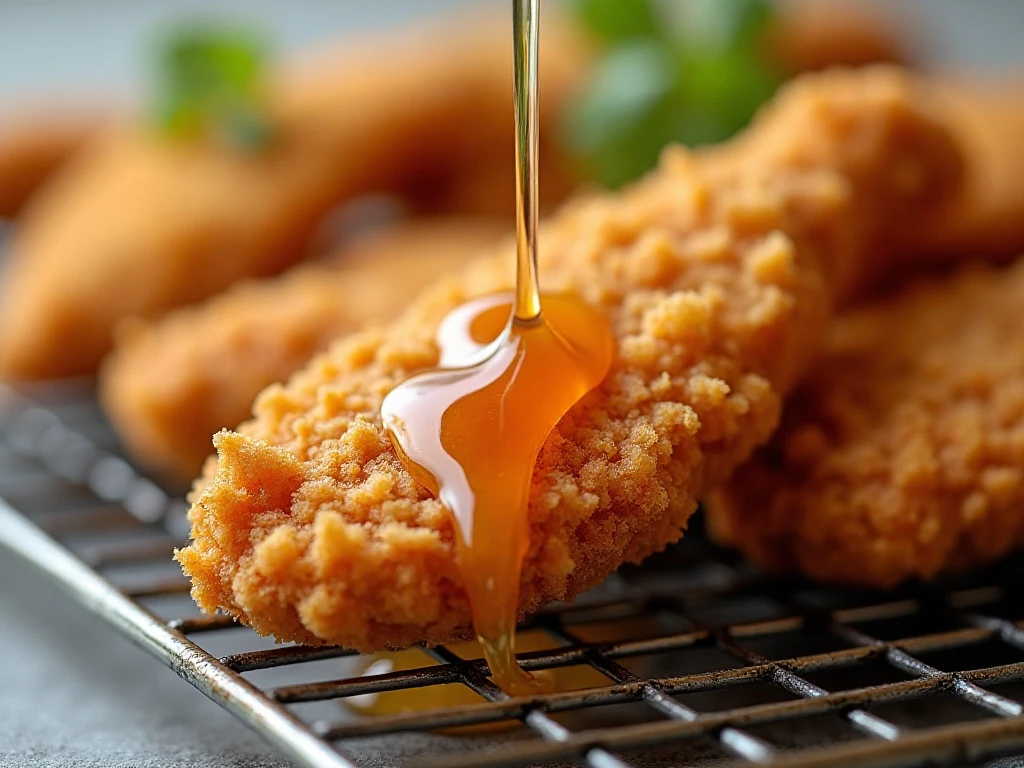 Crispy chicken tender with hot honey ready to serve