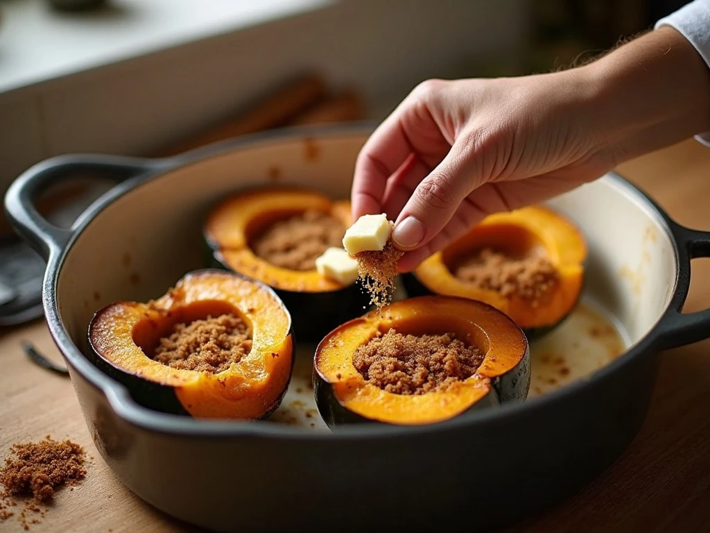 Adding butter and brown sugar to acorn squash before the final bake