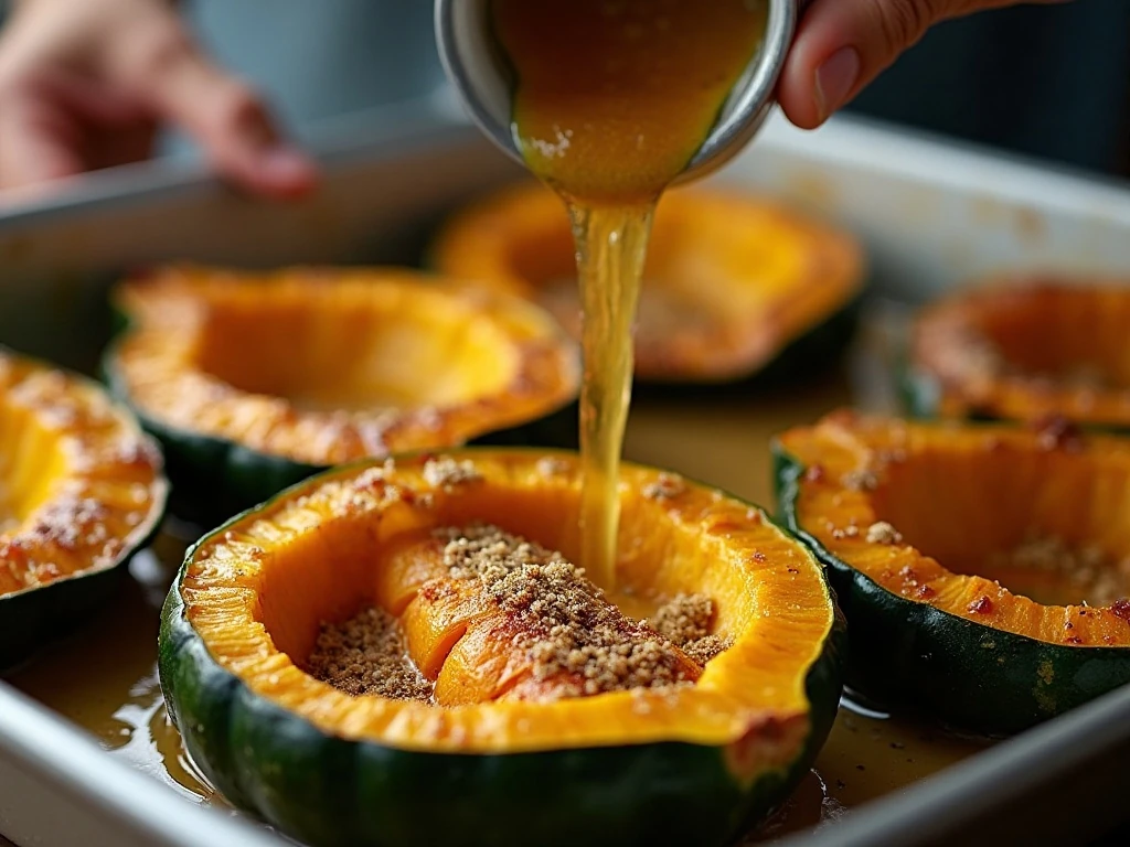 Scored acorn squash prepared for baking with butter and brown sugar