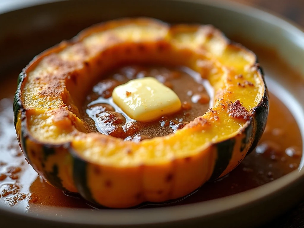 Tender reheated baked acorn squash with buttery brown sugar topping