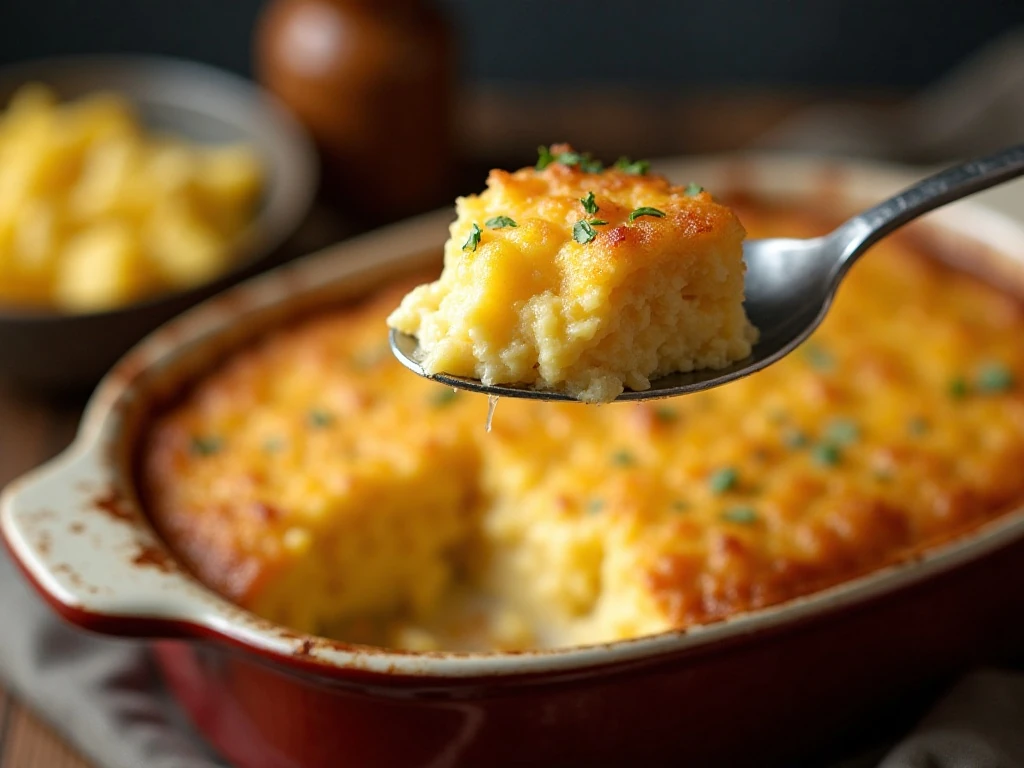 Golden sweet corn casserole with a creamy moist center