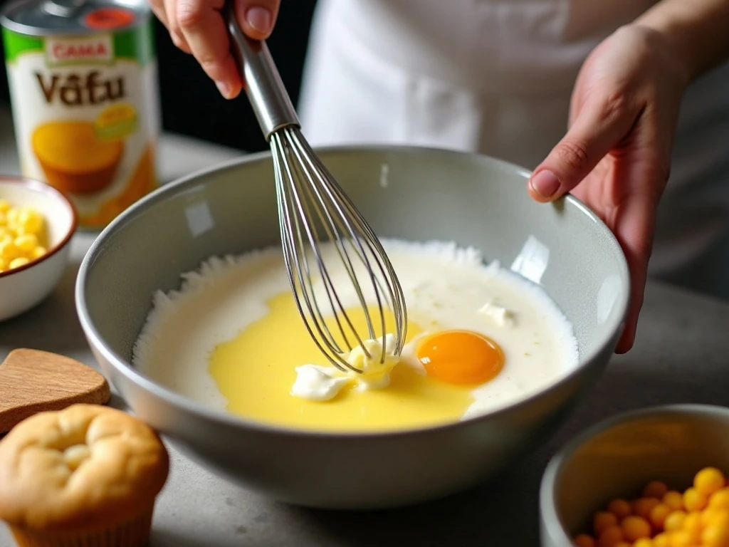 Mixing the ingredients for sweet corn casserole