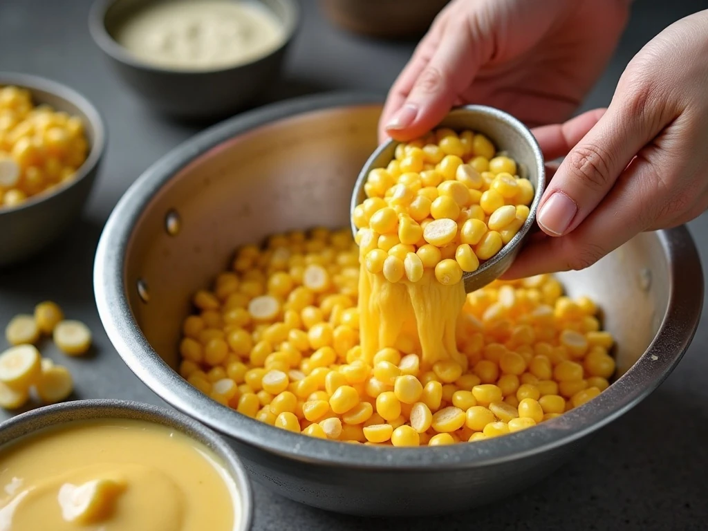 Draining whole-kernel corn for casserole while keeping creamed corn undrained