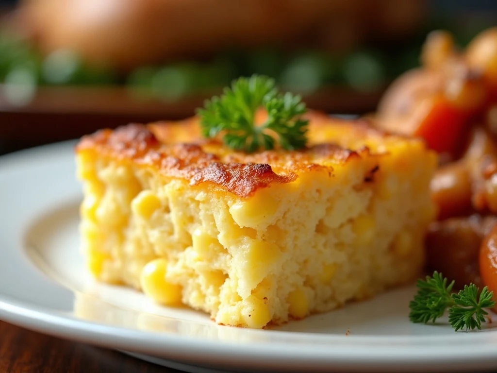 Sweet corn casserole served as a dinner side dish