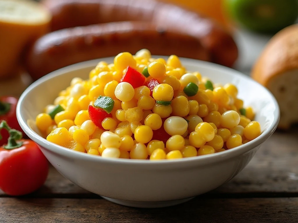 Sweet corn relish served with a grilled sausage