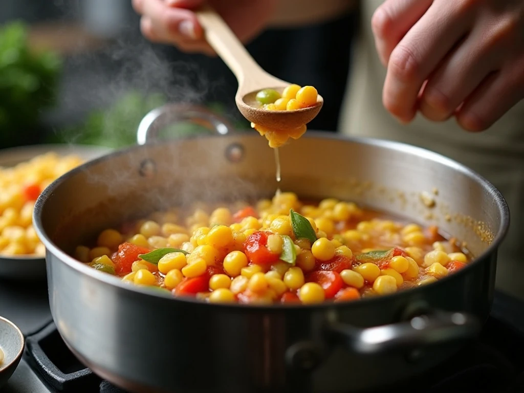 Sweet corn relish simmering with peppers and onion