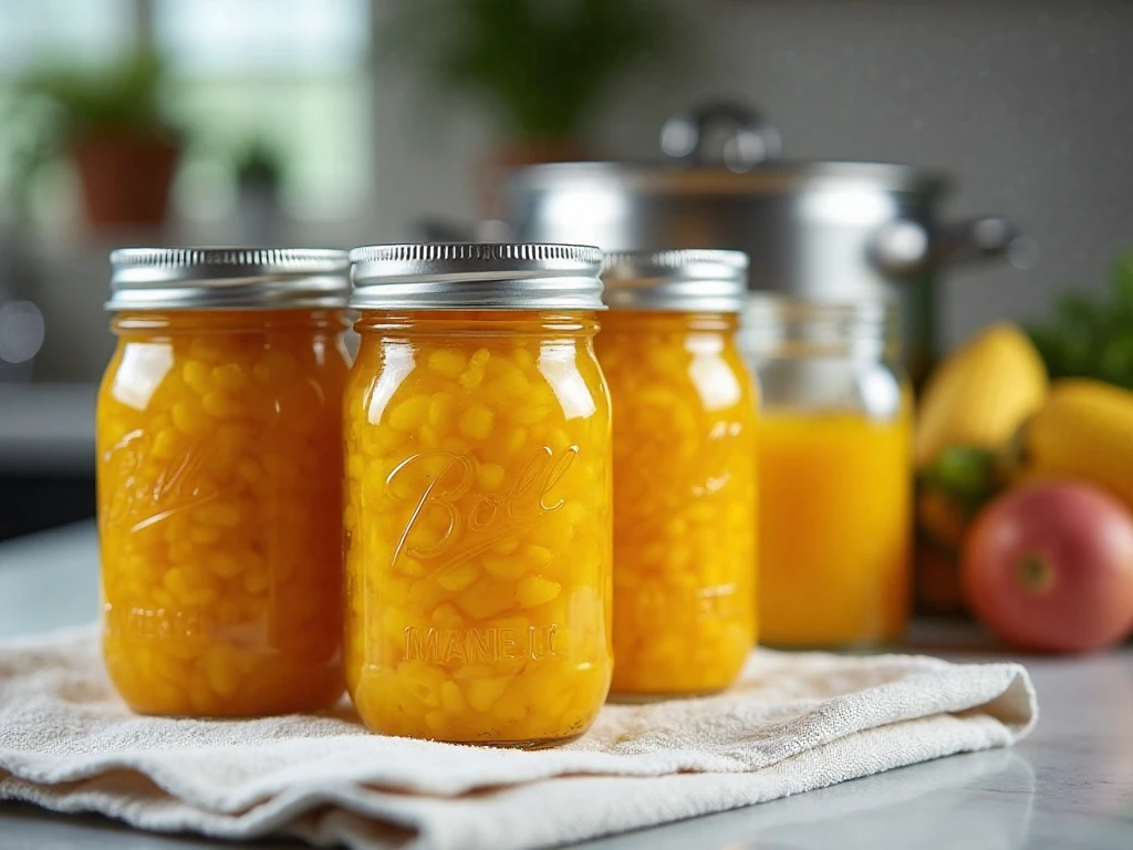 Pint jars of corn relish ready for water-bath canning
