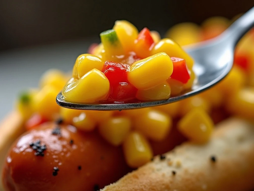 Corn relish topping a grilled hot dog