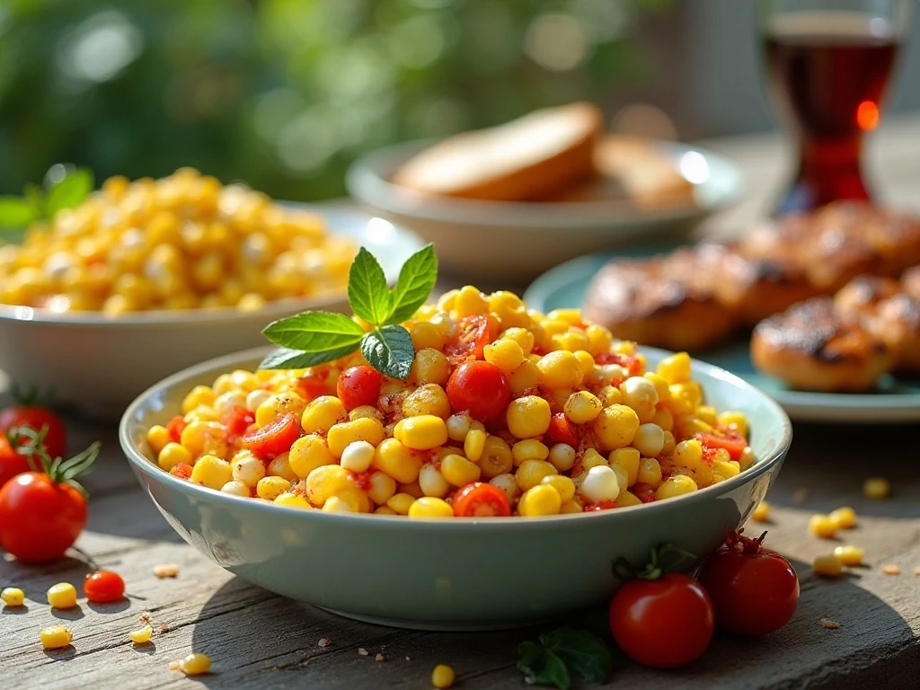 Sweet corn salad with tomatoes and herbs served as a colorful summer side dish