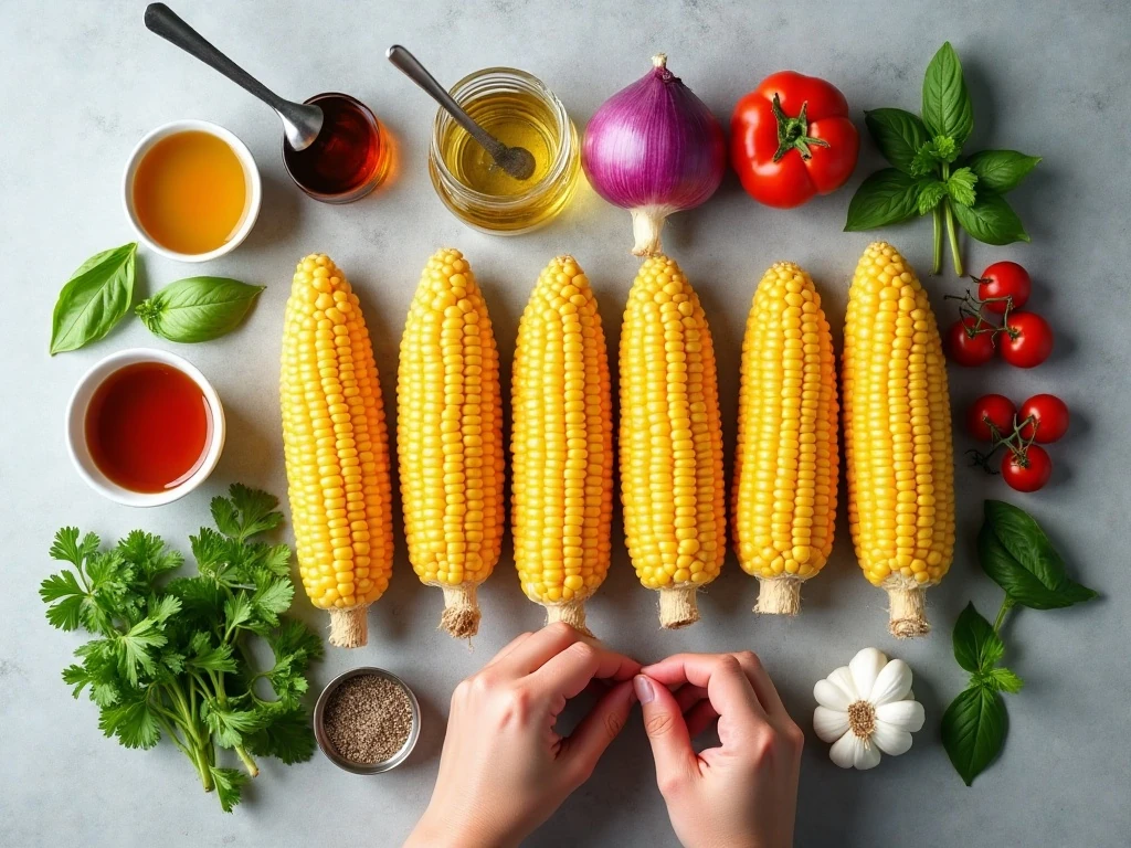 Ingredients for sweet corn salad and red wine vinaigrette