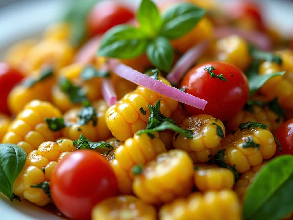 Close-up of fresh herbs and vinaigrette coating sweet corn salad
