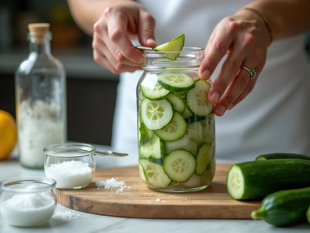 Cucumbers and onions layered with salt before ice chilling