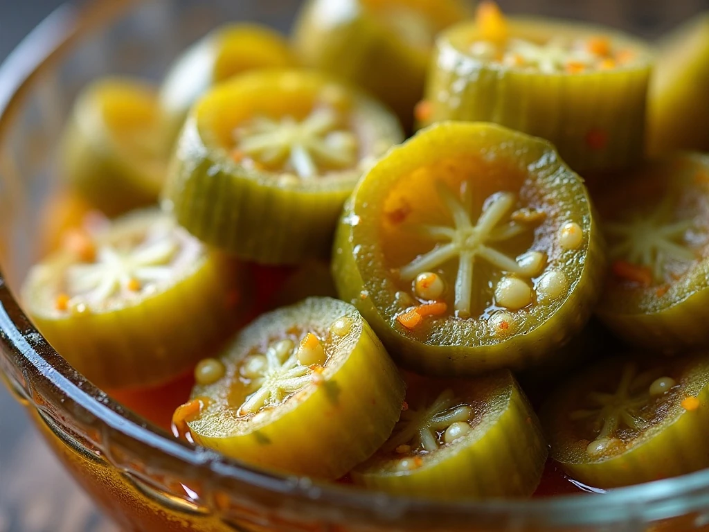 Close-up of crisp pickle slices with mustard seeds and onions