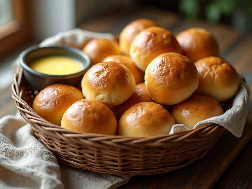 Basket of warm sweet and flakey dinner rolls