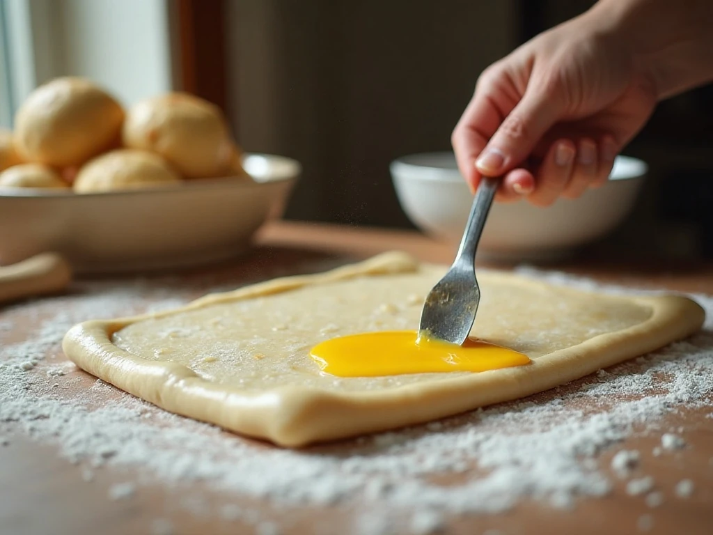 Butter being brushed onto rolled dinner roll dough