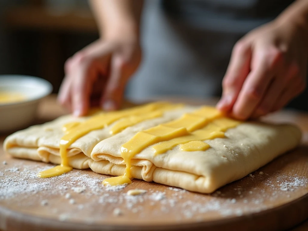 Layered dough being cut for flakey dinner rolls