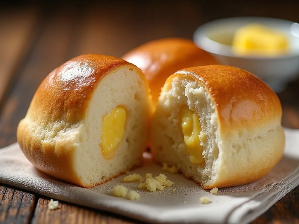 Close-up of the soft interior of a buttered dinner roll