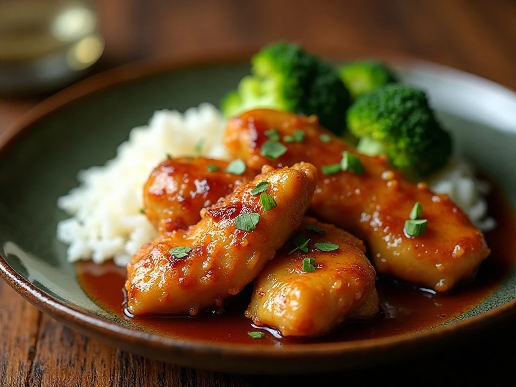 Sweet garlic chicken served with rice and broccoli