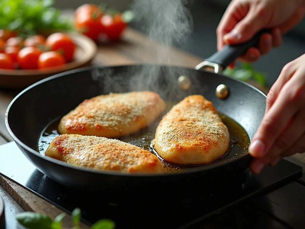 Chicken breasts browning in a skillet