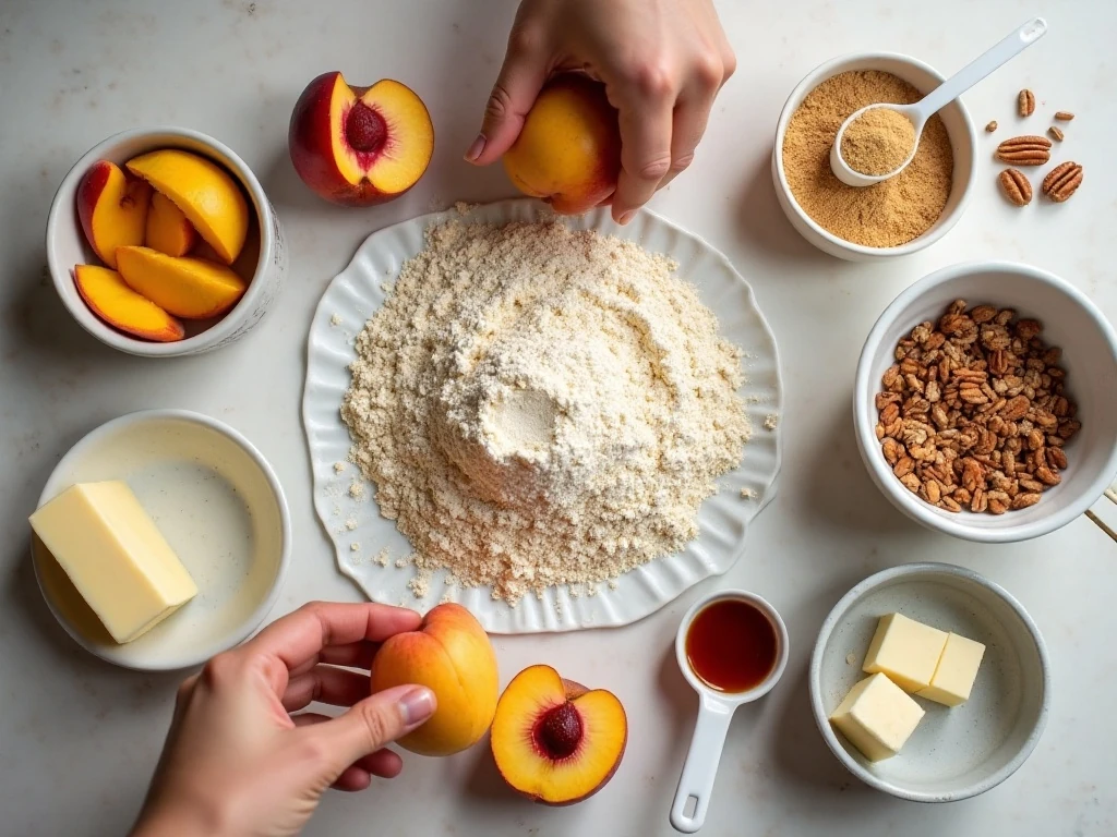 Ingredients for Sweet Georgia Peach Crumble arranged for baking